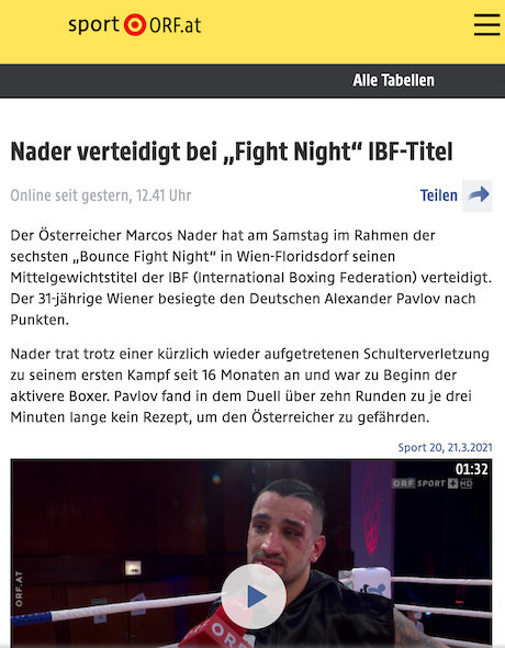 ORF Sport: Nader verteidigt bei Fight Night Titel