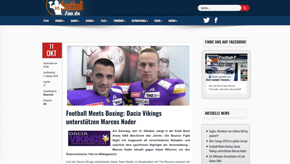 Football-Fan.de: Football Meets Boxing: Dacia Vikings unterstützen Marcos Nader