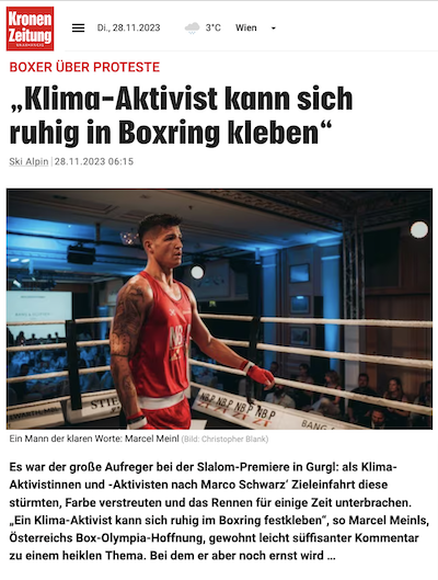 Krone.at: Klima-Aktivist kann sich ruhig in Boxring kleben