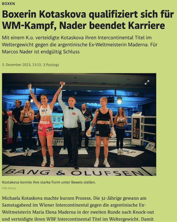 Der Standard: Boxerin Kotaskova qualifiziert sich für WM-Kampf, Nader beendet Karriere